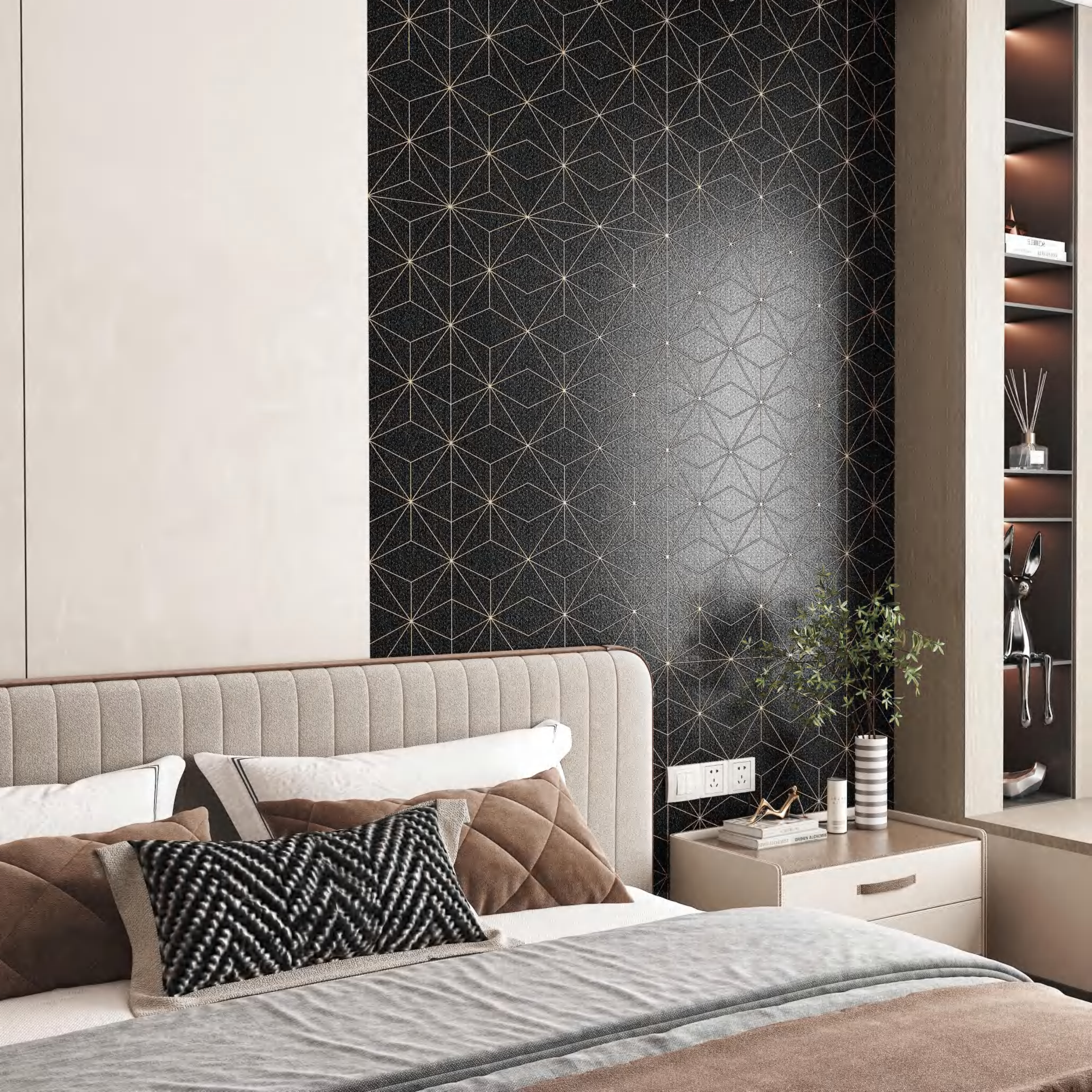 Luxury Kerida DecorBlue Charcoal-Black & Gold Geometric Porcelain Slab 2700x1200x9mm TQ34-K2712V8052AEH