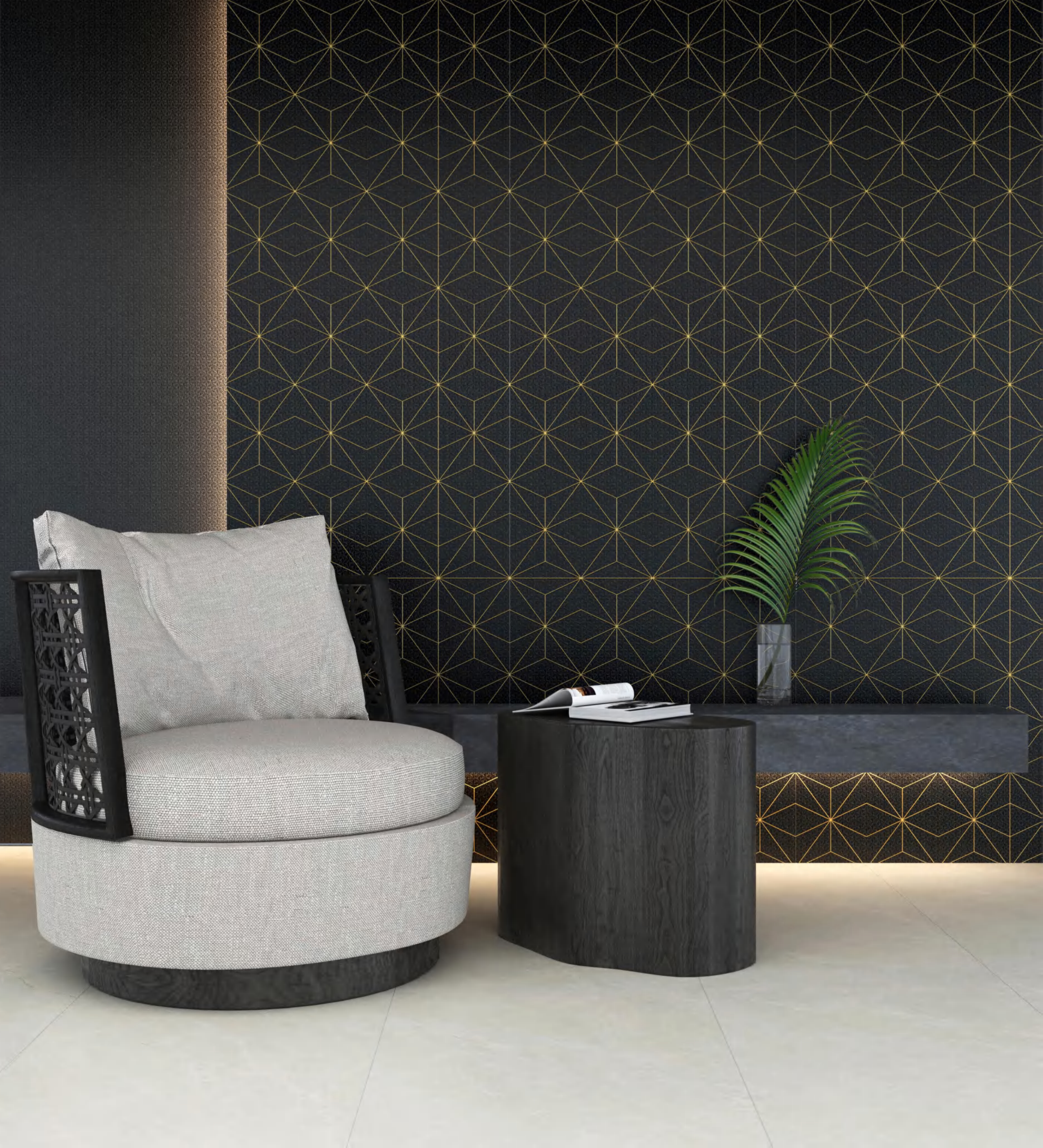 Luxury Kerida DecorBlue Charcoal-Black & Gold Geometric Porcelain Slab 2700x1200x9mm TQ34-K2712V8052AEH