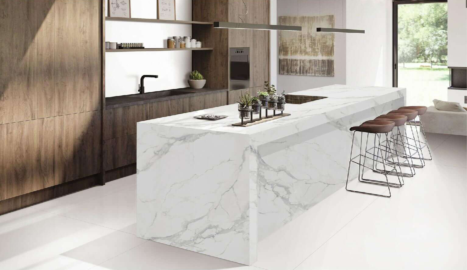 Premium Mirror Continuous Calacatta Look Full-Body Sintered Stone Slab TQ35-JQD163212X55