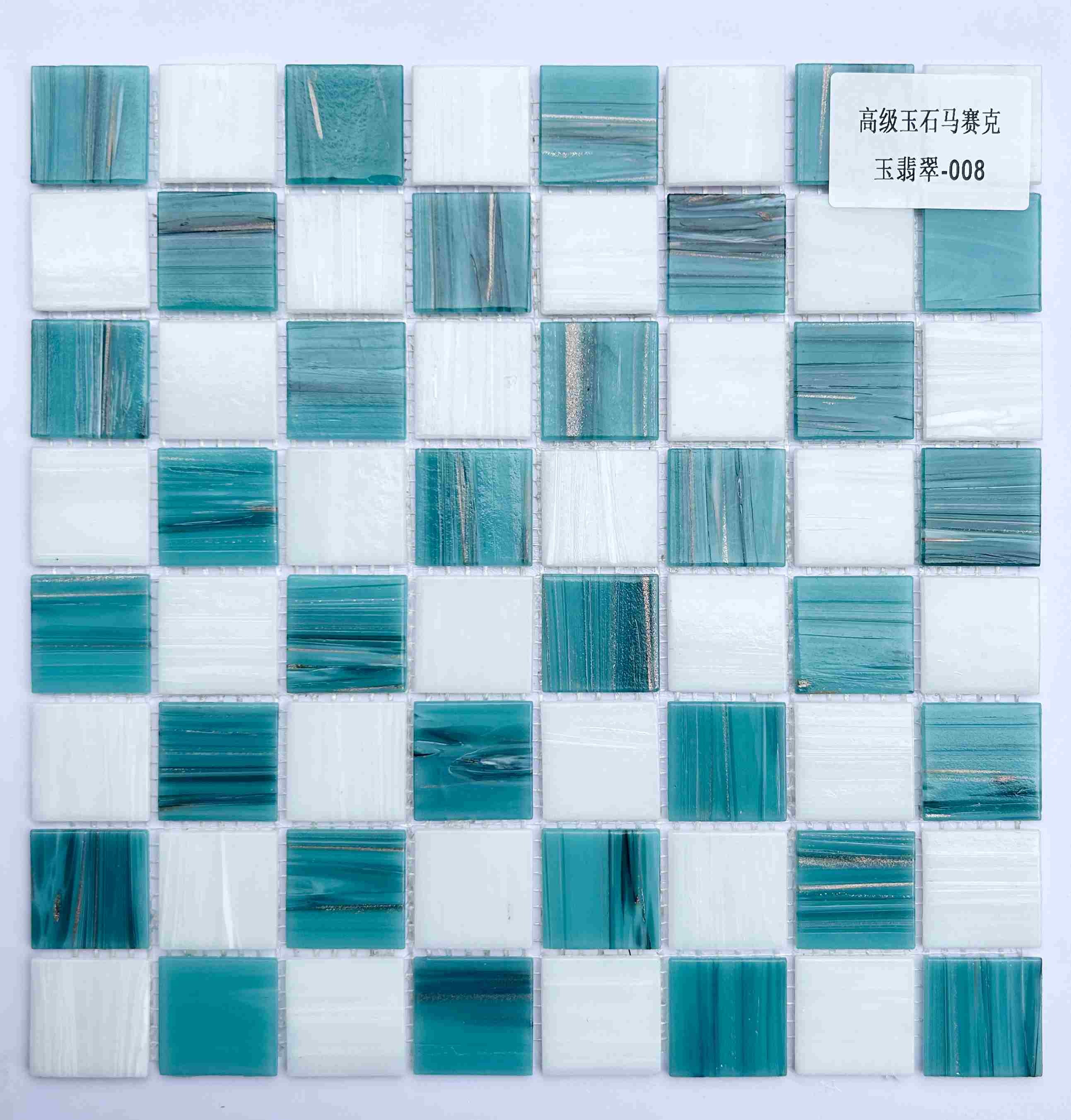 Premium Teal & White Glass Mosaic Tile, 36x36mm, for Pool & Bathroom TQ36-Yufeicui 008