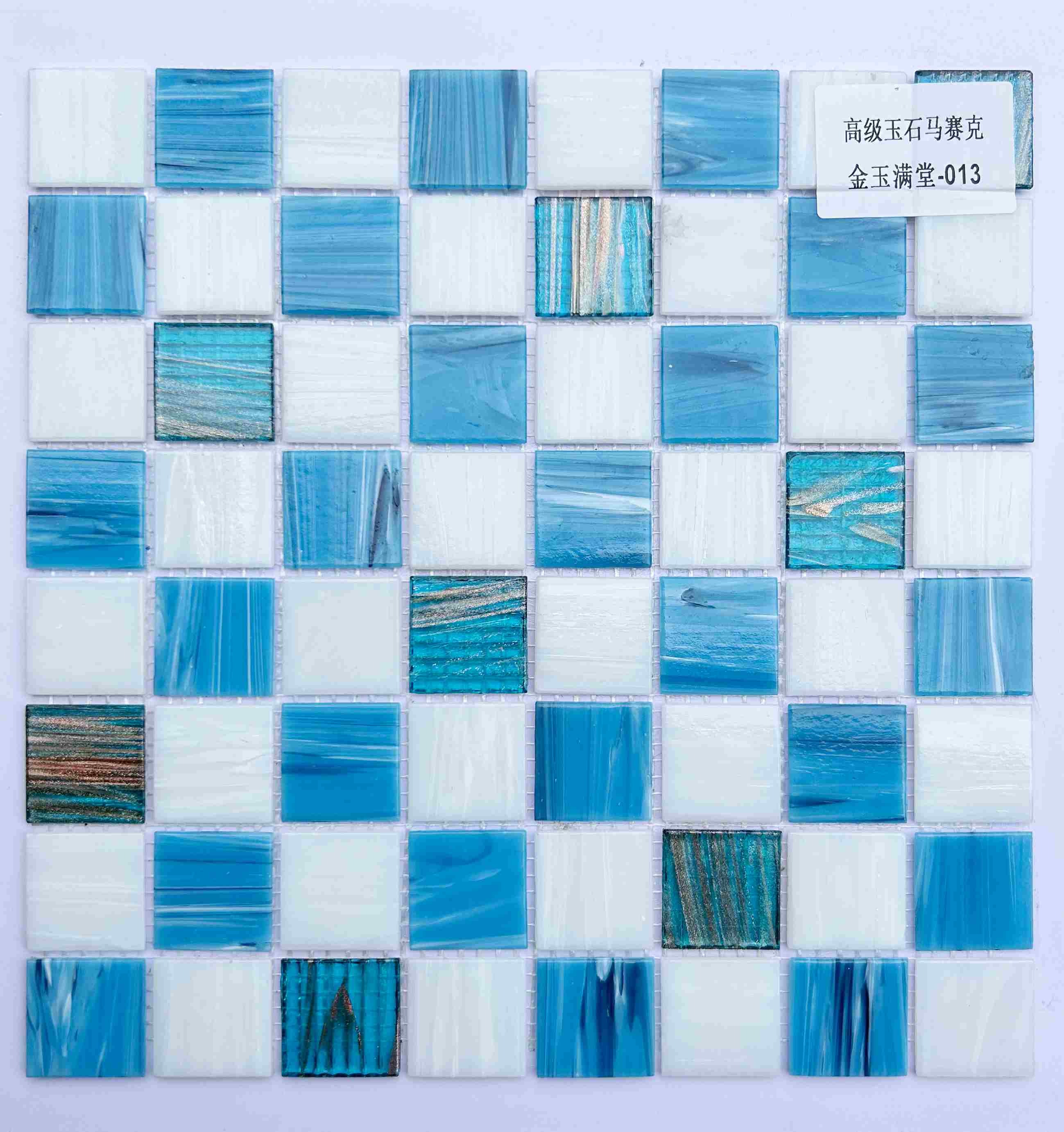 Deep Blue & White Glass Mosaic Tile with Golden Streaks, 36x36mm, for Pool & Bathroom TQ36-FullGoldJade013