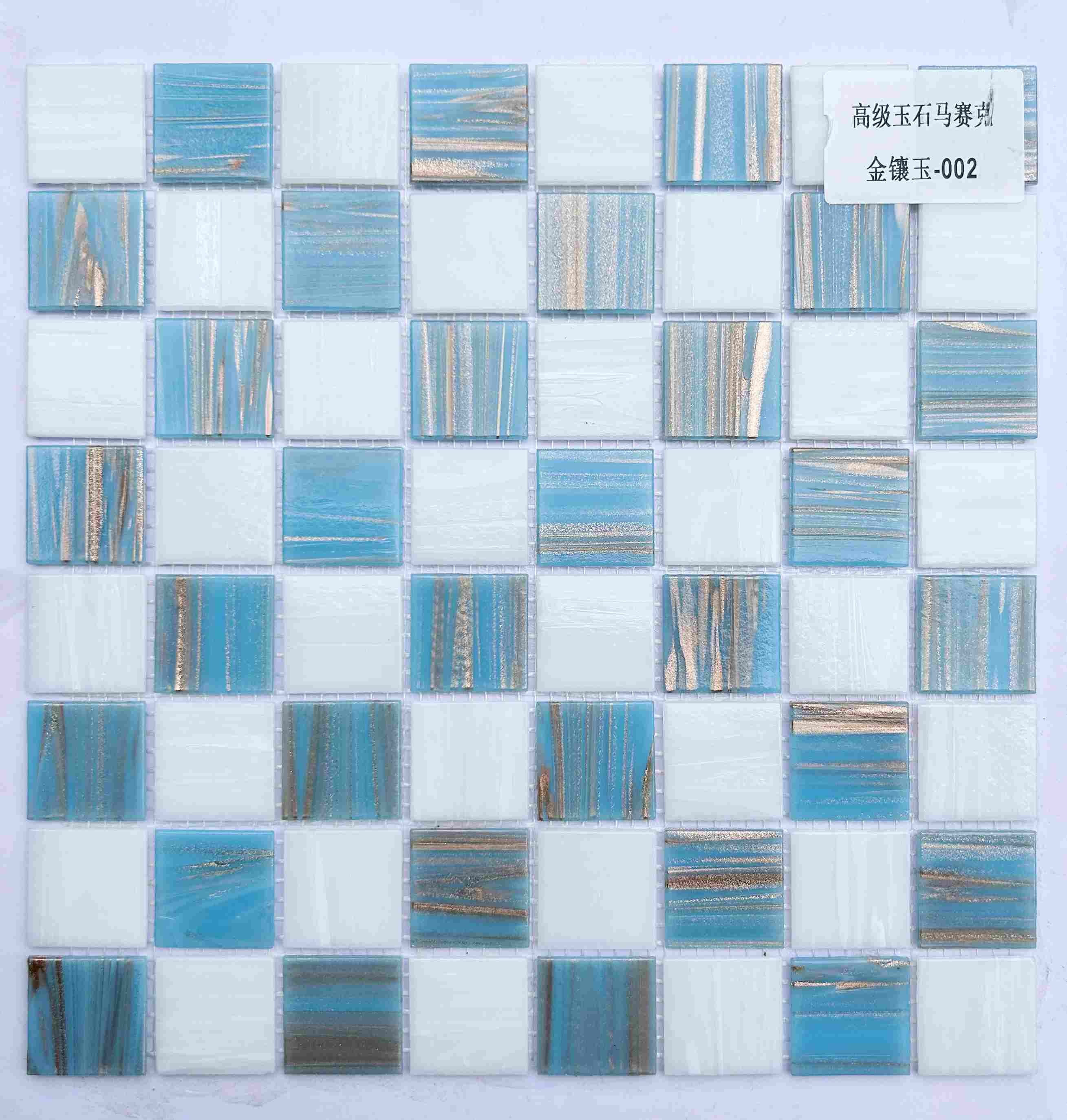 Light Blue & White Glass Mosaic Tile with Gold Streaks, 36x36mm, for Pool & Bathroom TQ36-GoldInJade002