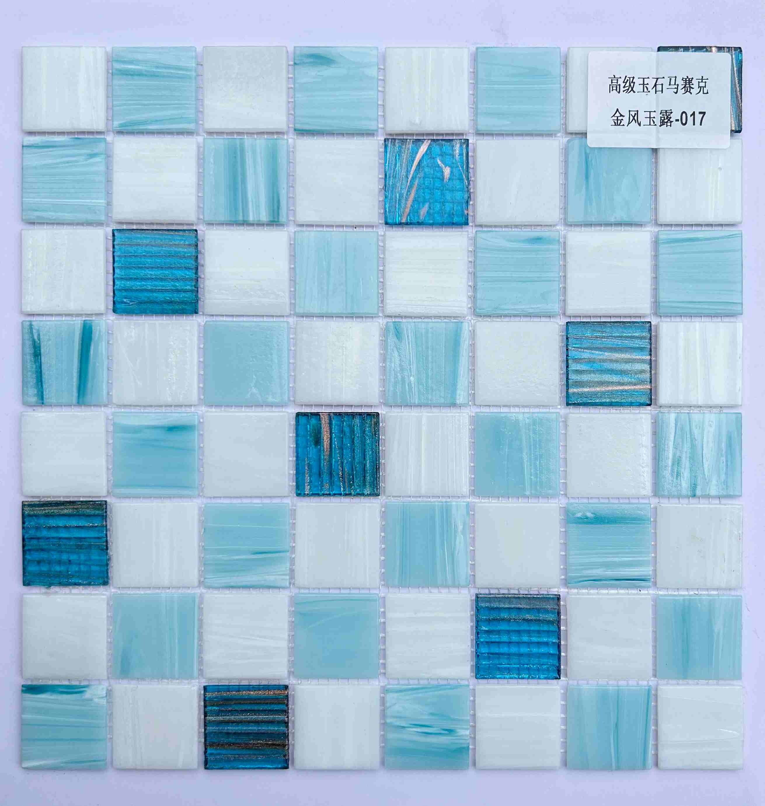 Multi-Tone Sky Blue & White Glass Mosaic Tile with Gemstone Effect, 36x36mm, for Pool & Bathroom TQ36-GoldWindJadeDew017