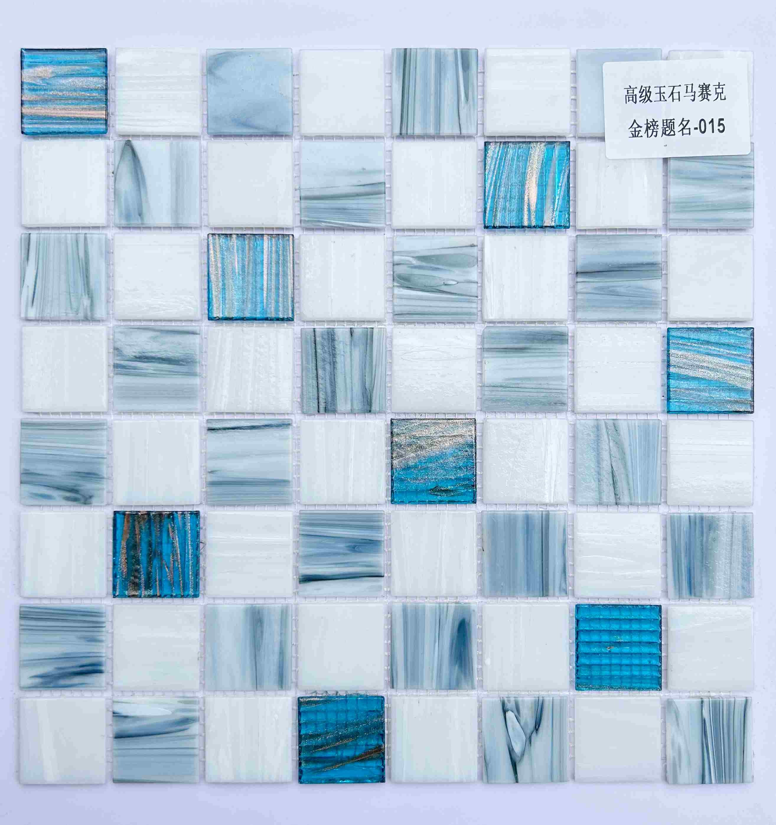 Watercolor Blue & White Glass Mosaic Tile with Gemstone Accents, 36x36mm, for Pool & Bathroom TQ36-GoldenLaurel015