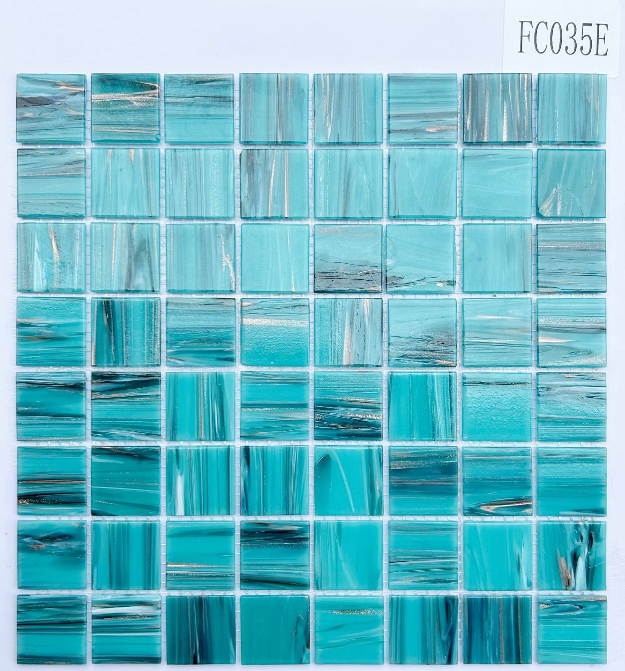 Turquoise Blue Glass Mosaic Tile with Gold Streaks, 36x36mm, for Pool & Bathroom TQ36-FC035E