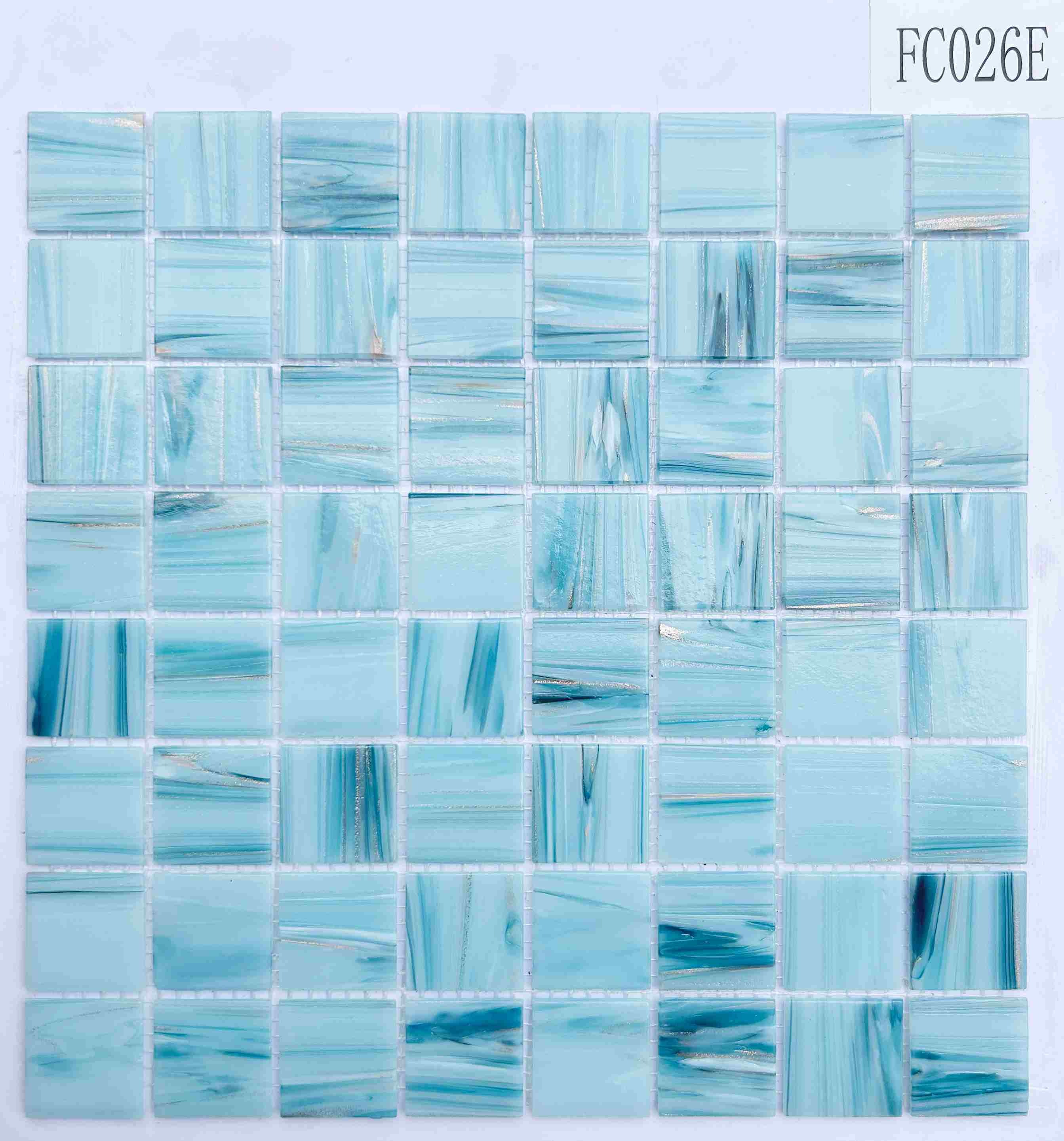 Light Sky Blue Watercolor Glass Mosaic Tile with Metallic Streaks, 36x36mm, for Pool & Bathroom TQ36-FC026E