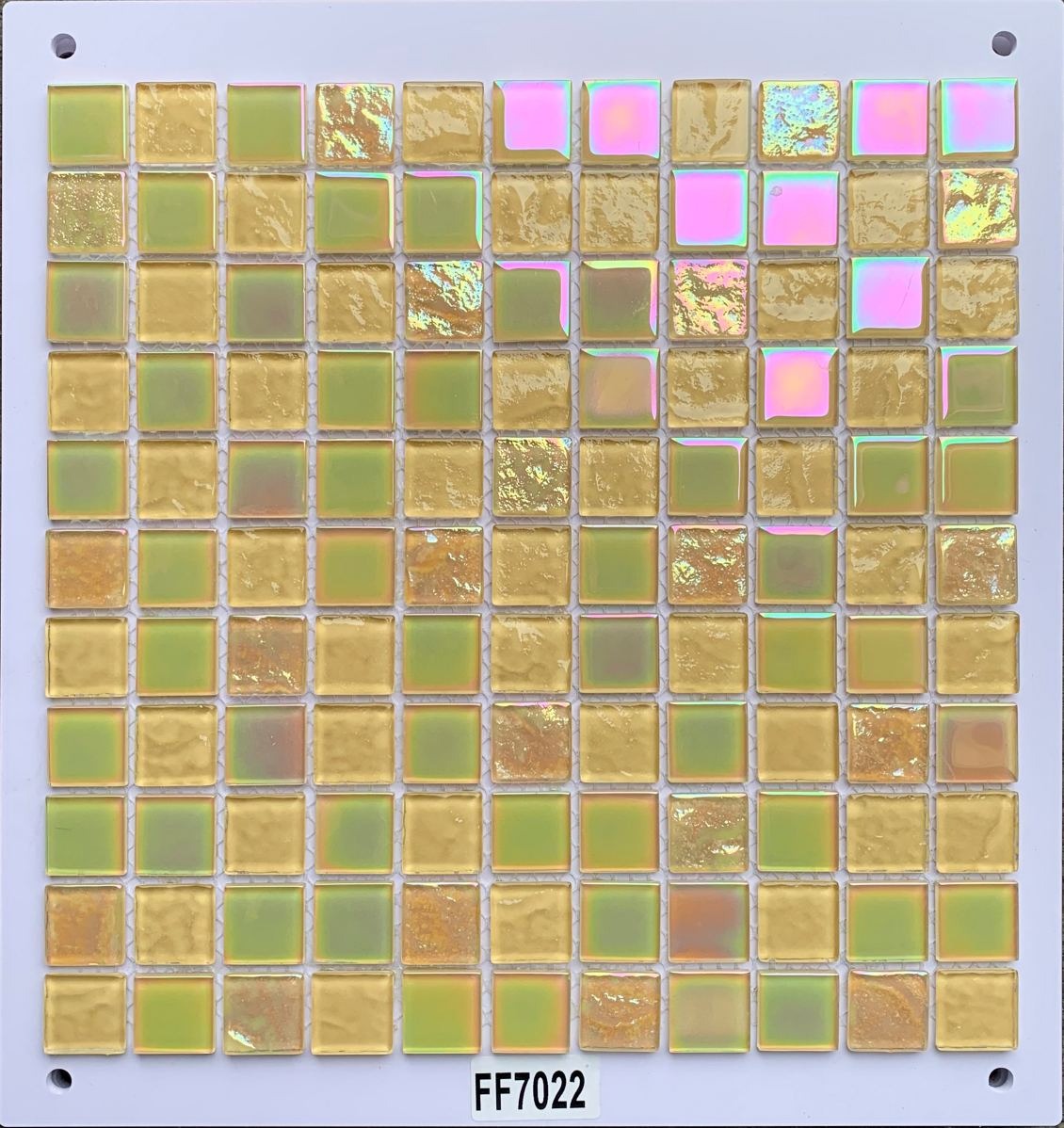 Soft Honey Gold & Lime Green Iridescent Glass Mosaic Tile, 25x25mm, for Accent Walls & Bathrooms TQ36-FF7022