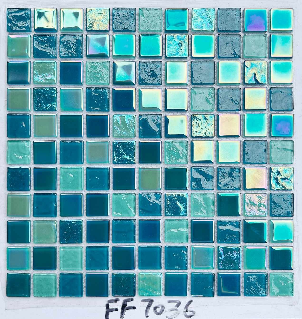 Ocean Blue Multi-Tone Iridescent Glass Mosaic Tile, 25x25mm, for Pools & Bathrooms TQ36-FF7036