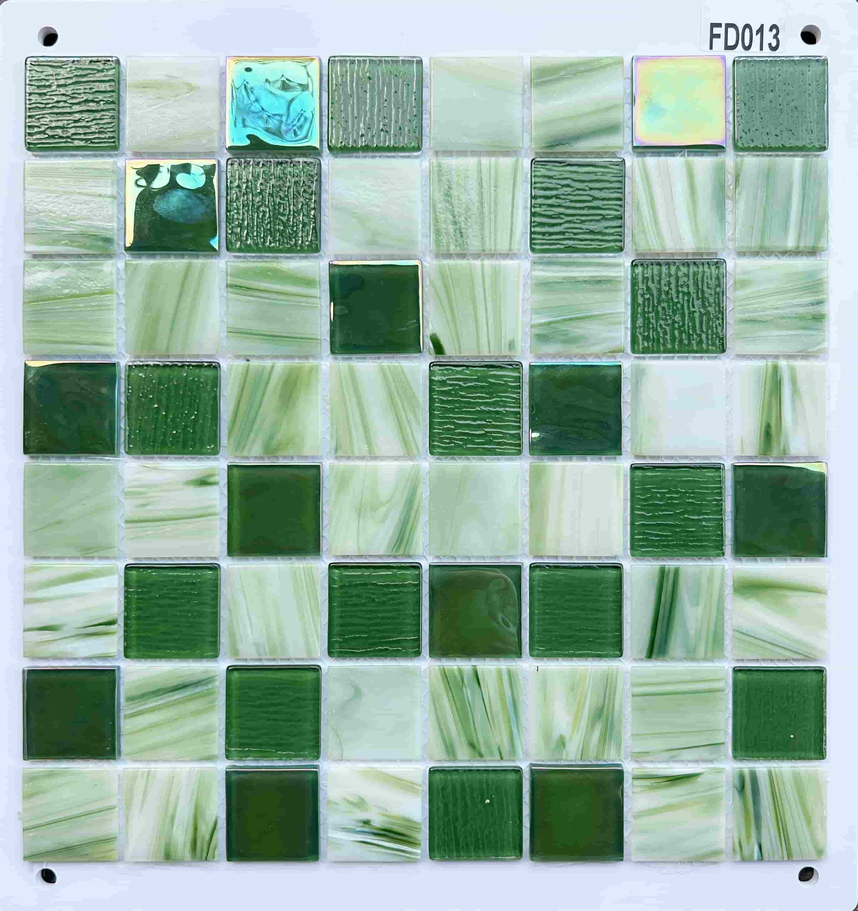 Deep & Light Green Textured Glass Mosaic Tile, 36x36mm, for Bathrooms & Pool Areas TQ36-FD013