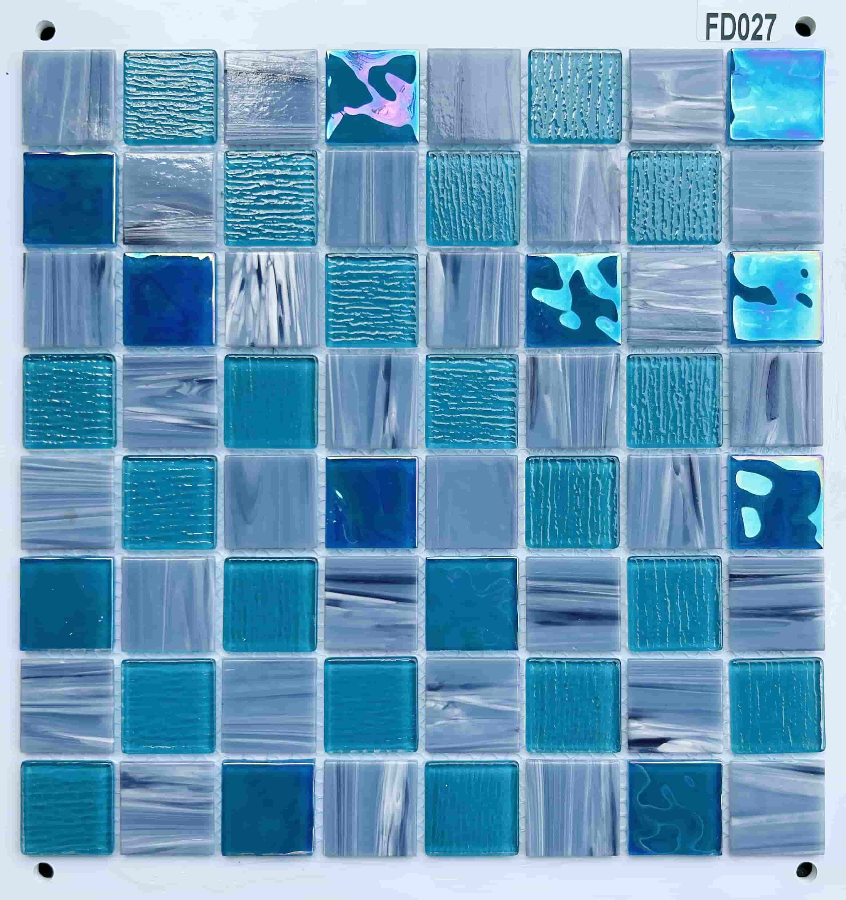 Ocean Blue & Grey Multi-Textured Glass Mosaic Tile, 36x36mm, for Swimming Pools & Bathrooms TQ36-FD027