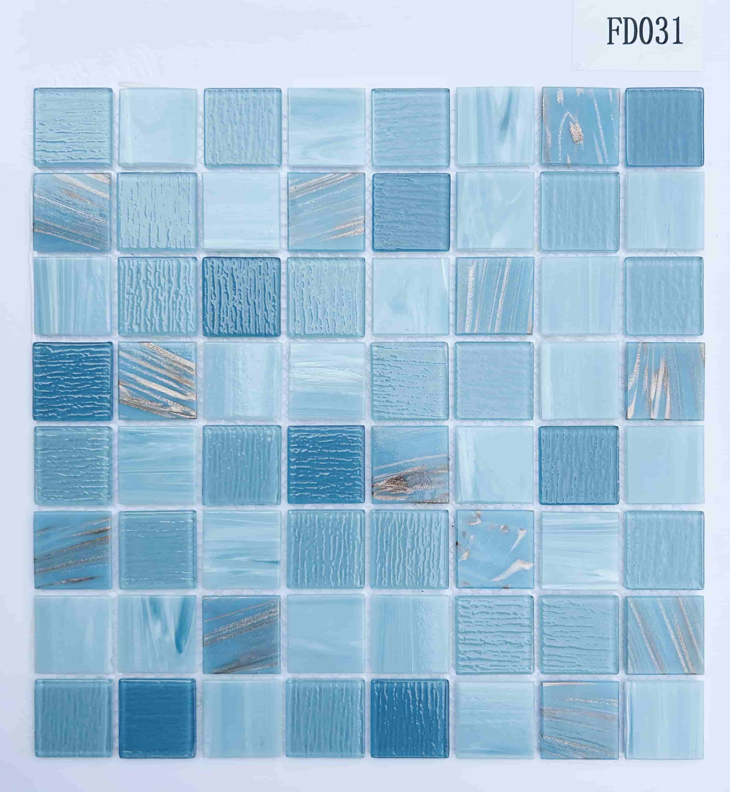 Soft Sky Blue & Gold-Threaded Multi-Textured Glass Mosaic Tile, 36x36mm, for Swimming Pools & Bathrooms TQ36-FD031