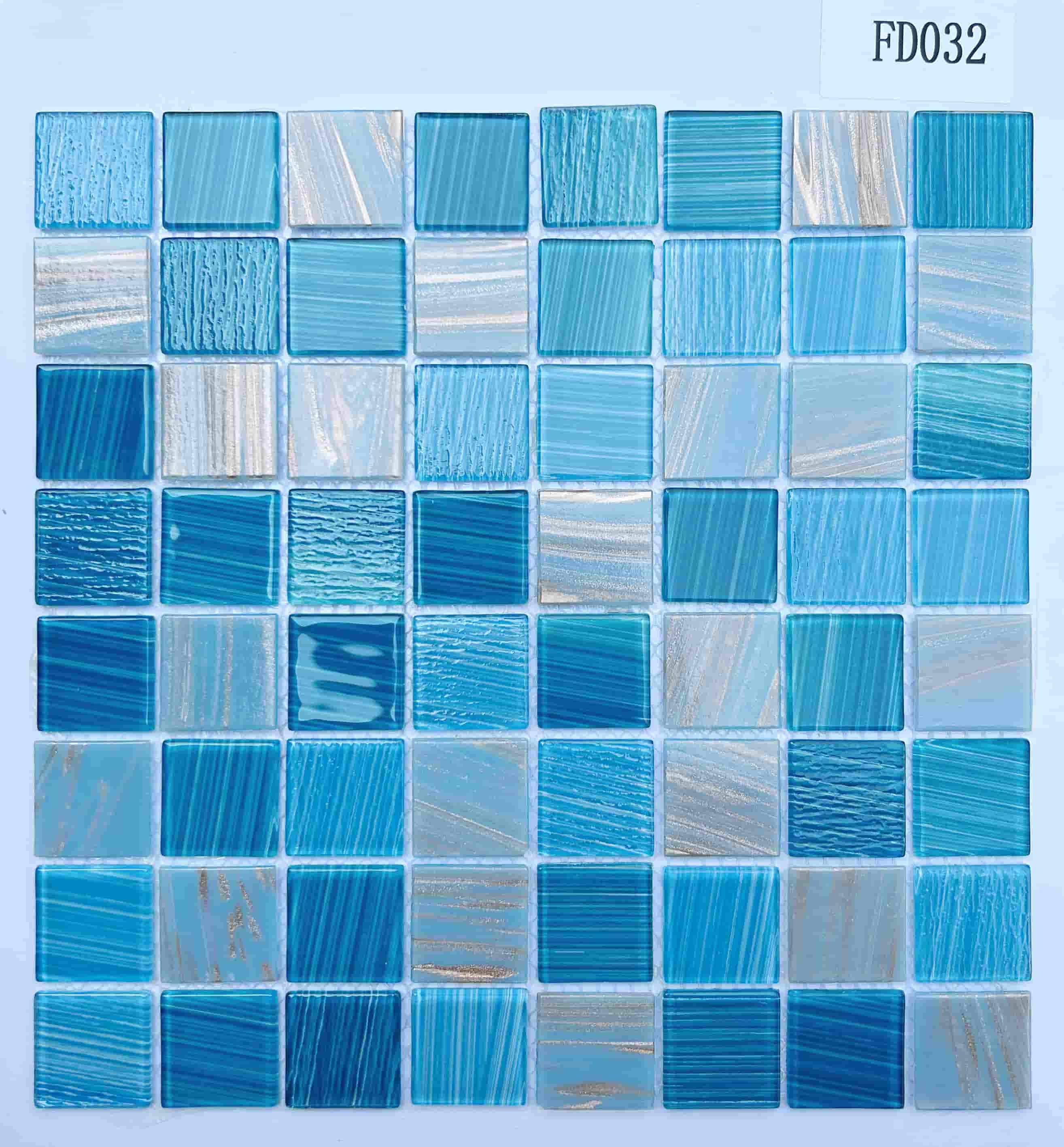 Ocean Blue & Silver-Threaded Multi-Textured Glass Mosaic Tile, 36x36mm, for Swimming Pools & Bathrooms TQ36-FD032