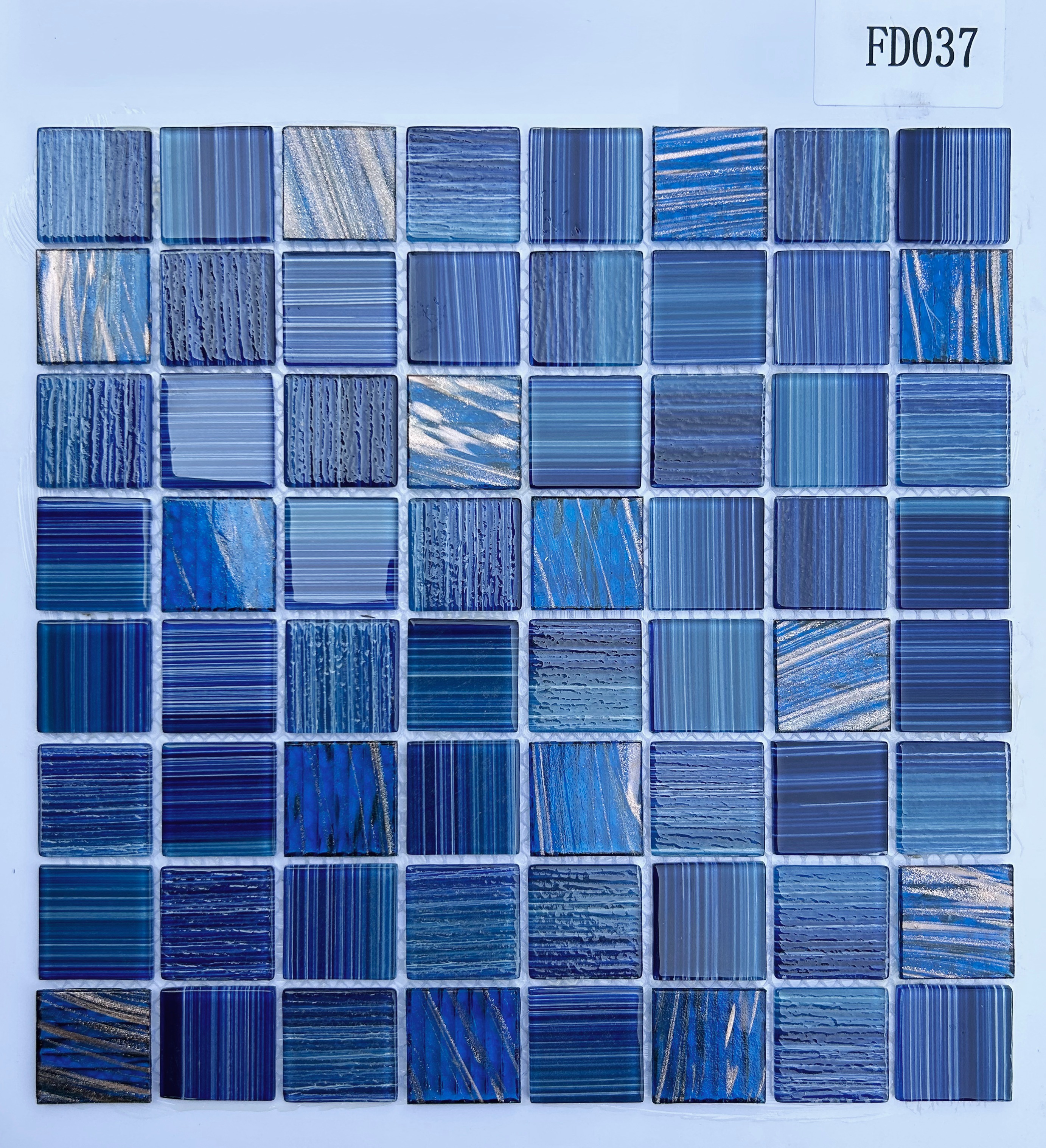 Deep Cobalt & Silver-Threaded Multi-Textured Glass Mosaic Tile, 36x36mm, for Swimming Pools & Bathrooms TQ36-FD037