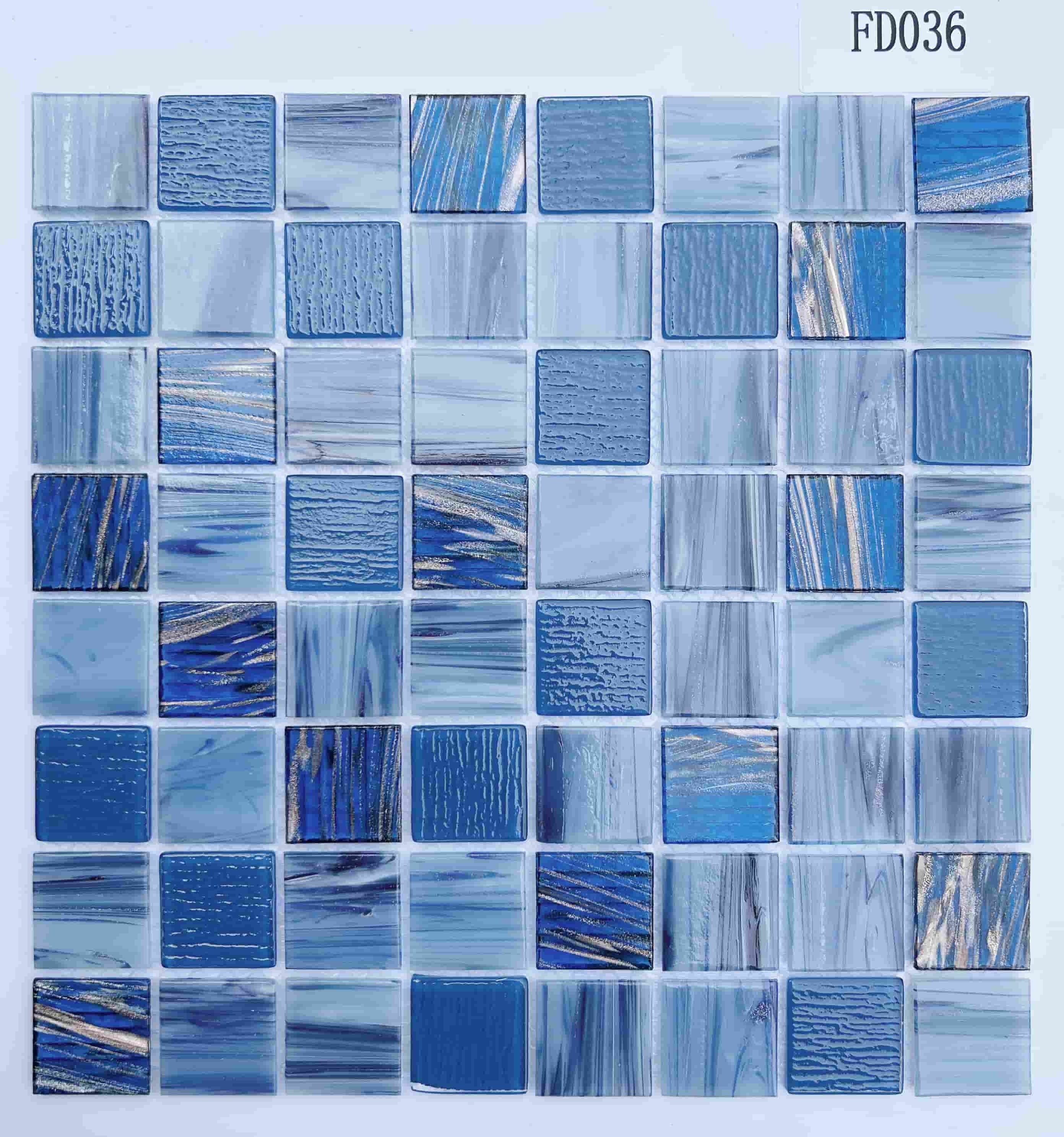 Soft Sky Blue & Gold-Threaded Multi-Textured Glass Mosaic Tile, 36x36mm, for Swimming Pools & Bathrooms TQ36-FD036