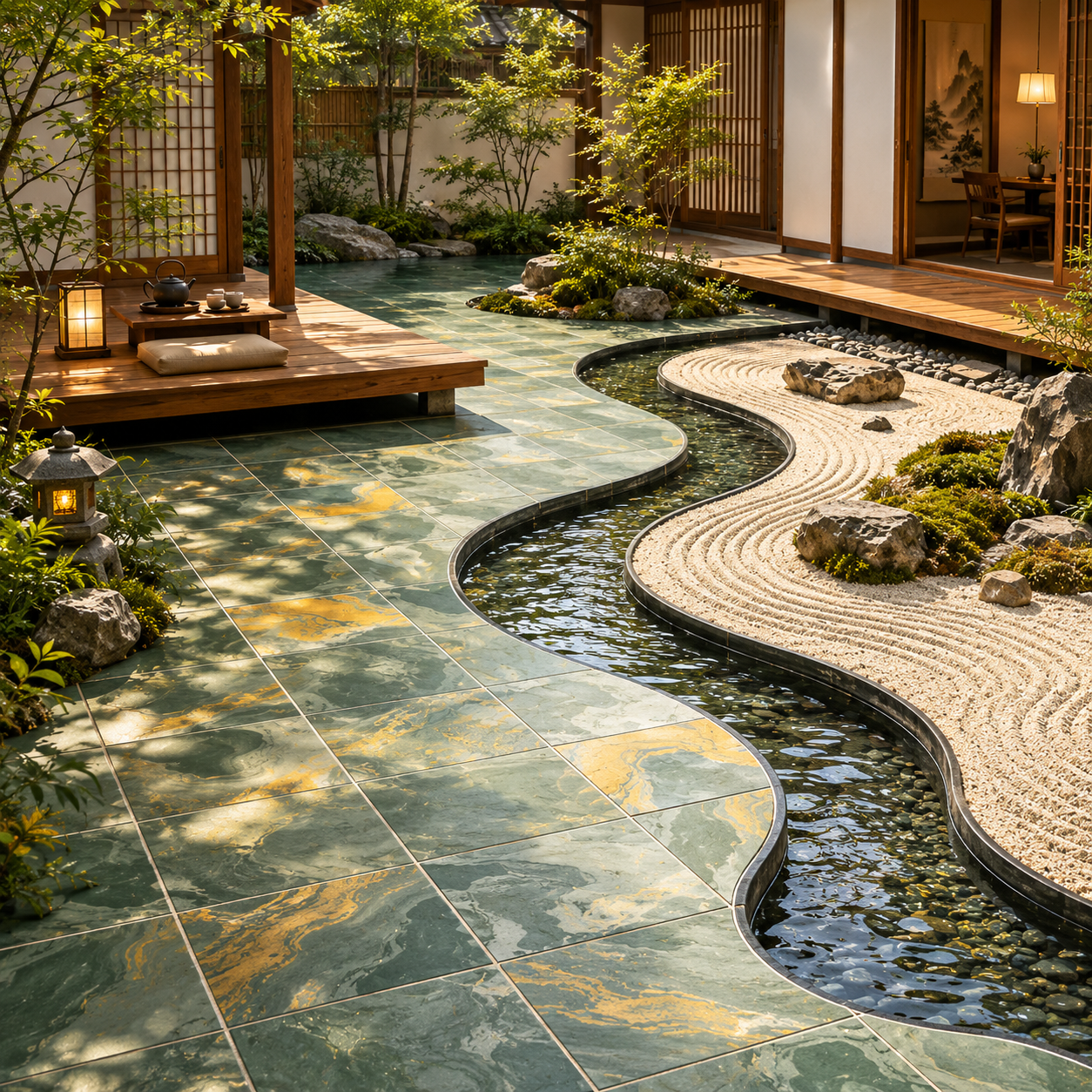 Slate Green Sukabumi Look Pool Tile with Bali Green Stone Pool Tile Effect for Resort Outdoor Spaces TQ38-66M21