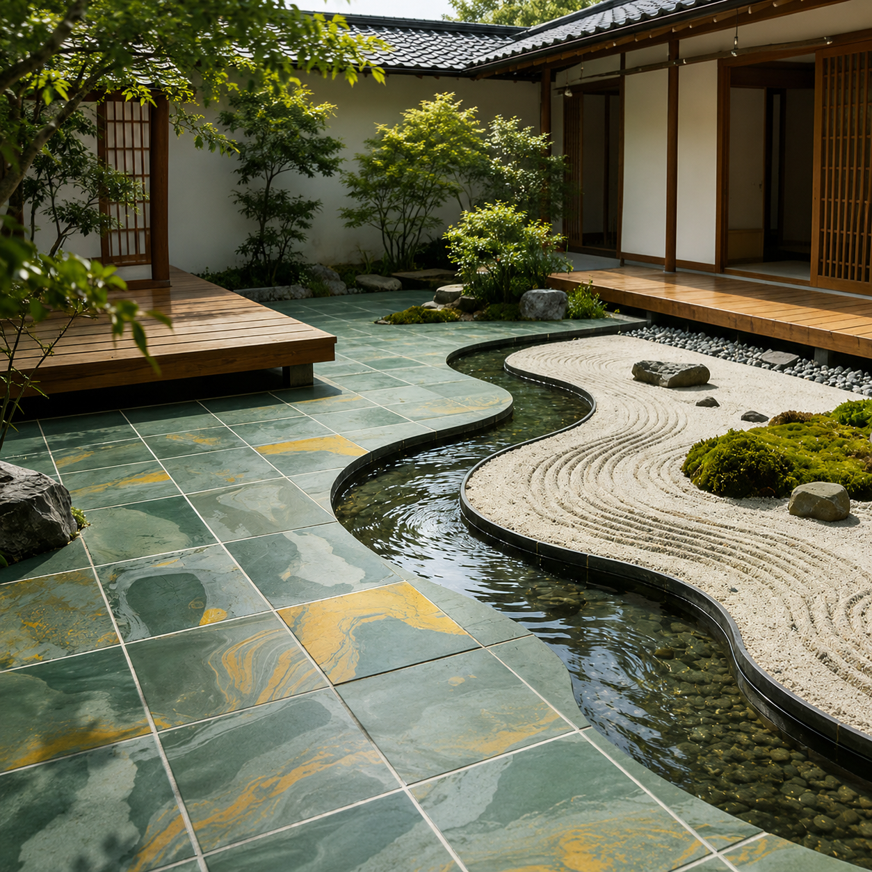 Slate Green Sukabumi Look Pool Tile with Bali Green Stone Pool Tile Effect for Resort Outdoor Spaces TQ38-66M21