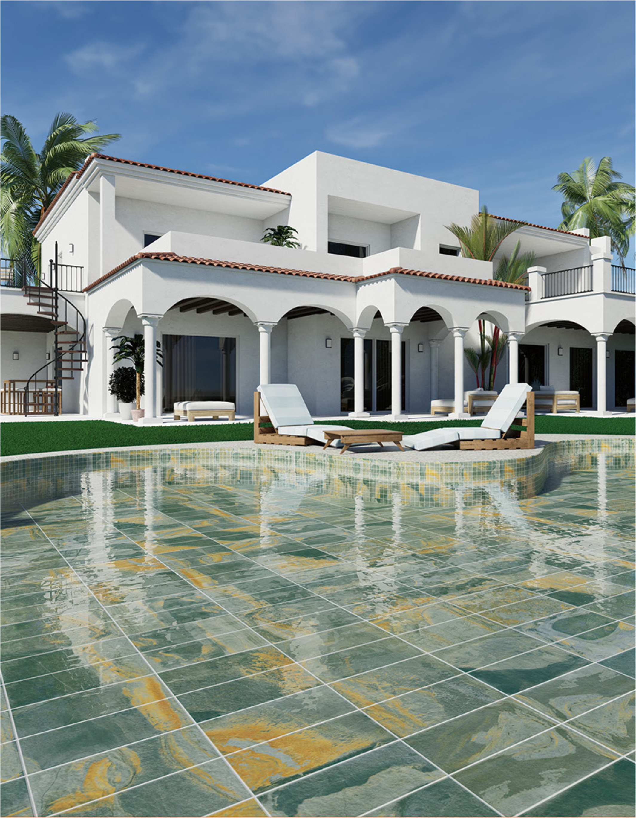 Slate Green Sukabumi Look Pool Tile with Bali Green Stone Pool Tile Effect for Resort Outdoor Spaces TQ38-66M21