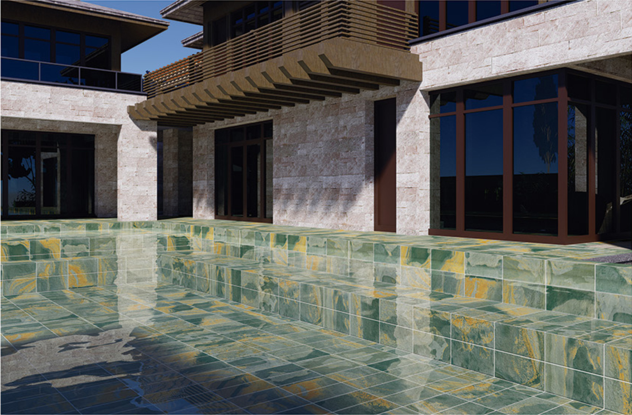 Slate Green Sukabumi Look Pool Tile with Bali Green Stone Pool Tile Effect for Resort Outdoor Spaces TQ38-66M21