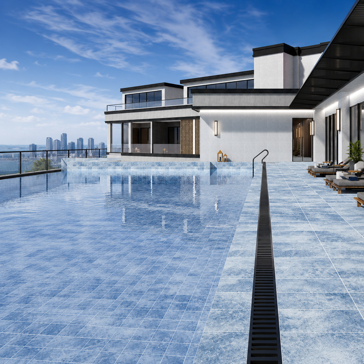 Sky Blue Porcelain Pool Tile for Resort Style Pools and Sukabumi Look Outdoor Living Concepts TQ38-66M25
