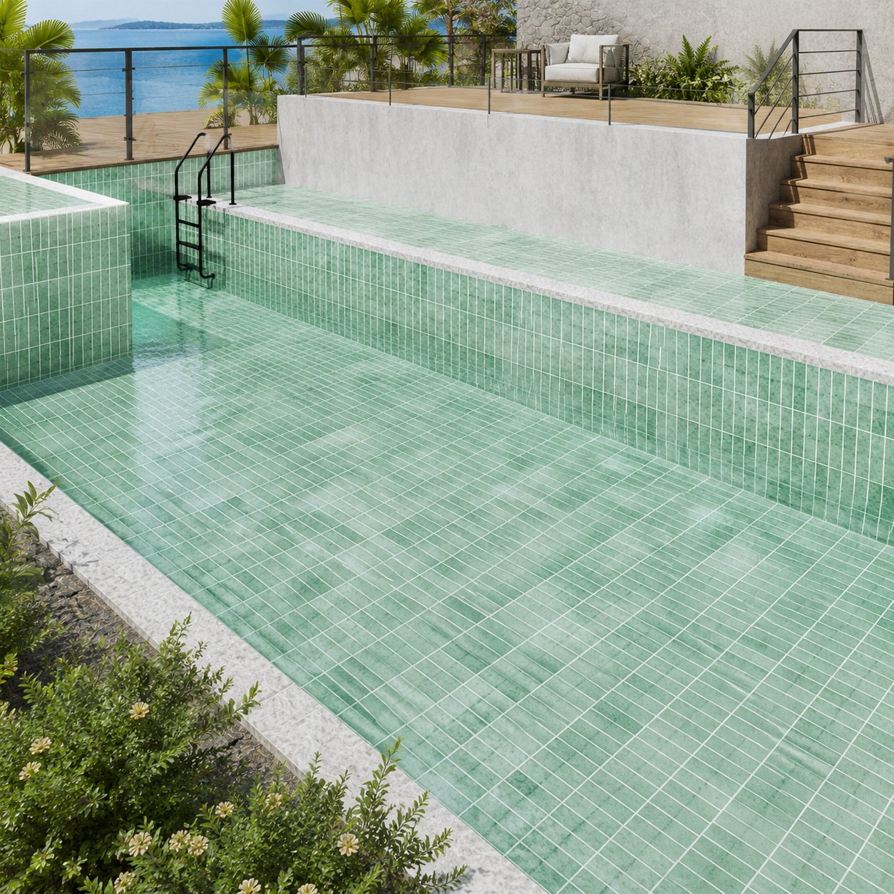 Moss Green Tropical Green Pool Tile as a Sukabumi Look Pool Tile Alternative for Villas and Spas TQ38-66M26