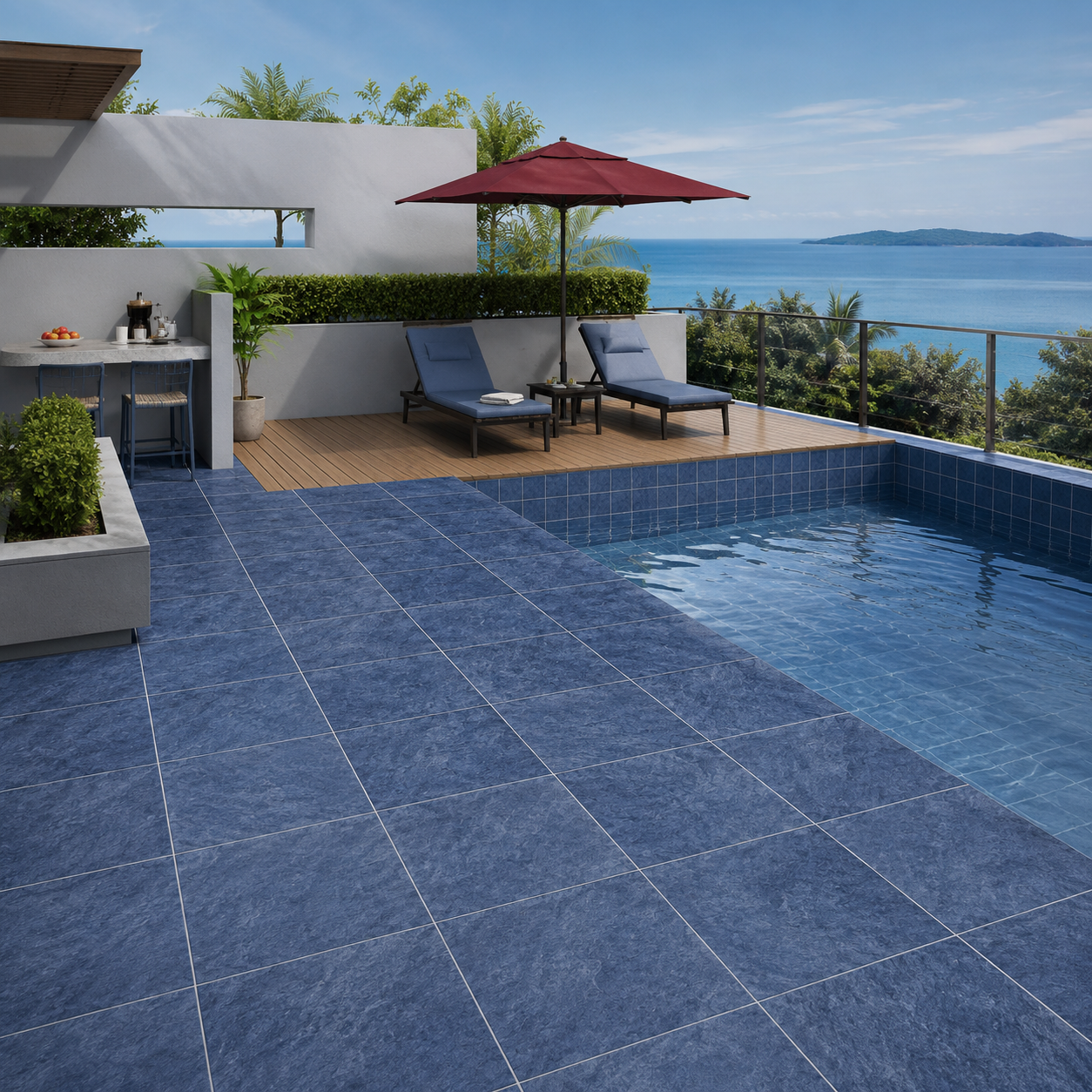 Deep Sea Blue Porcelain Pool Tile for Bali Style Resort Pools and Sukabumi Look Pool Alternatives TQ38-66M28