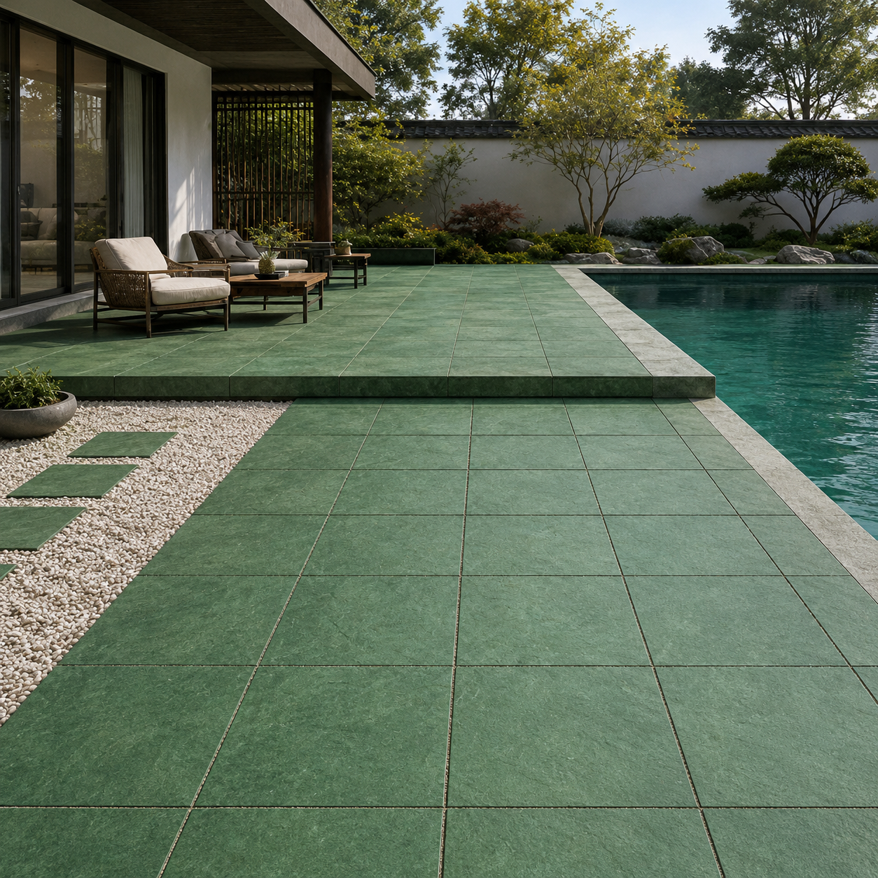 Sea Weed Green Tropical Green Pool Tile for Bali Style Pool Tile and Sukabumi Look Outdoor Spaces TQ38-66M34