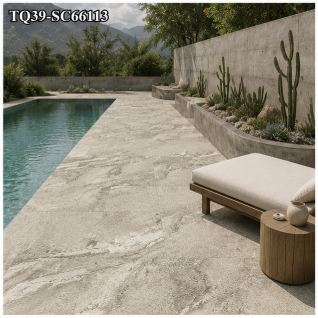 Beige Stone Look Porcelain Pool Tile for Bali Style Resort Pools and Natural Outdoor Water Features TQ39-SC66113