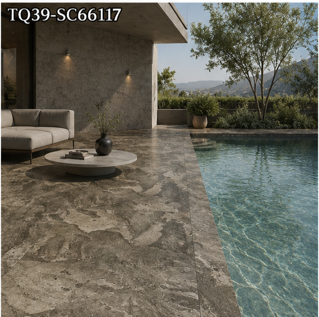 Dark Grey Stone Look Porcelain Pool Tile for Luxury Resort Pools and Bali Style Outdoor Water Features TQ39-SC66117