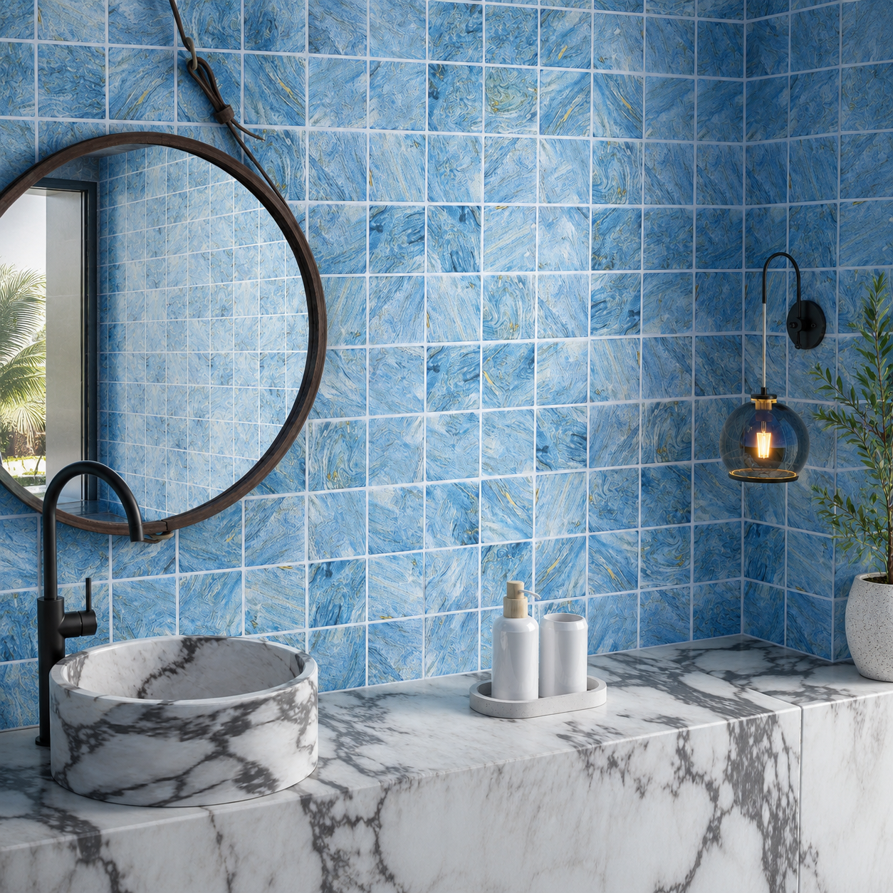 Aqua Blue Green 97x97mm Starry Swirl Mosaic Tile for Pool Waterline, Spa and Shower Wall – TQ40-97S10