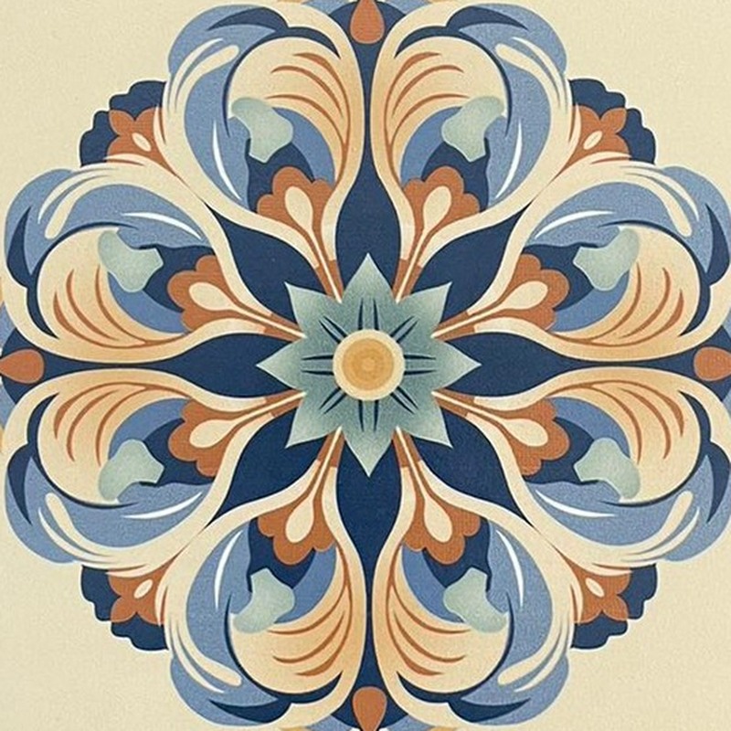 200x200mm Blue Gold Tone Petal Medallion Tiles TQ39-CN2025