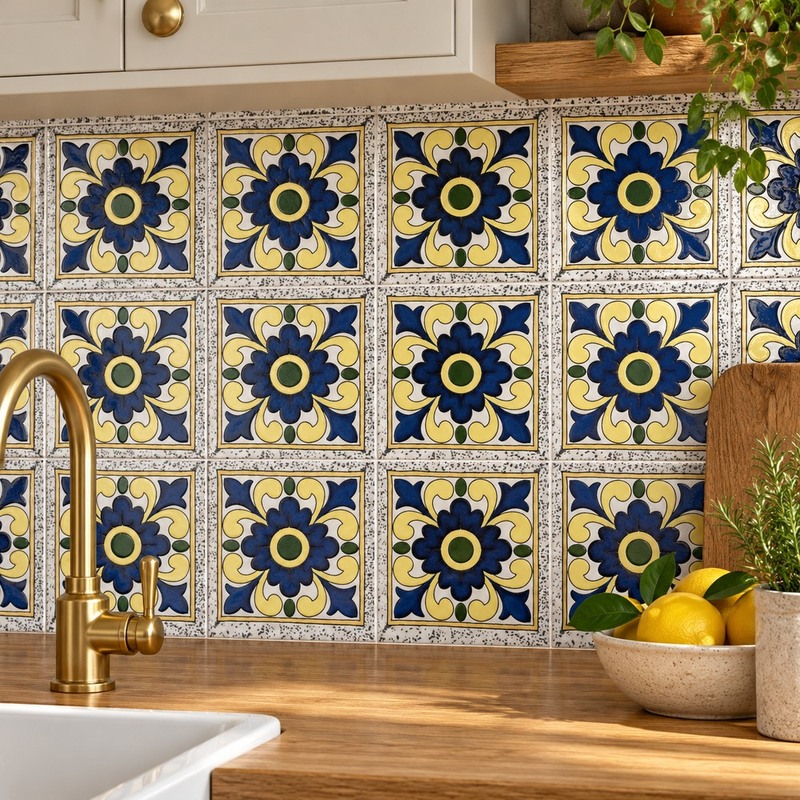 100x100mm Navy Yellow Flower Tiles TQ39-CN1209