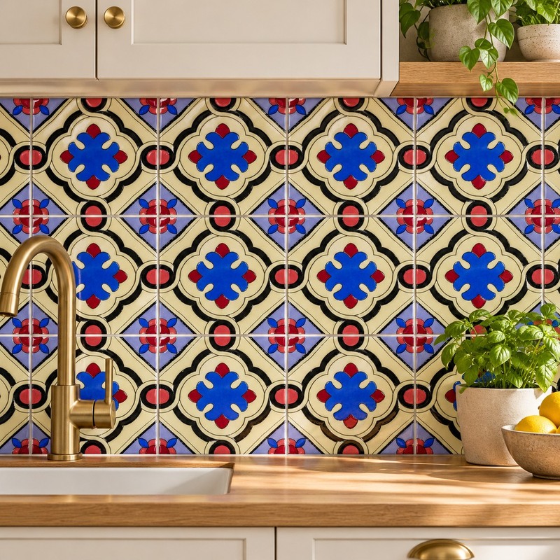 100x100mm Blue Red Quatrefoil Tiles TQ39-CN1212