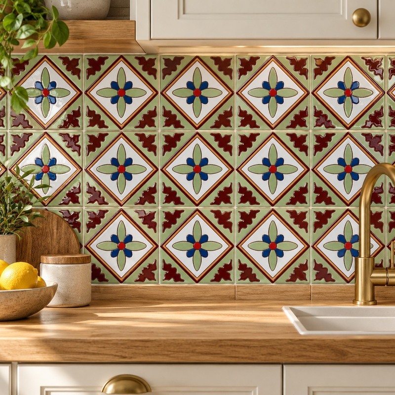 100x100mm Green Red Four Petal Tiles TQ39-CN1213