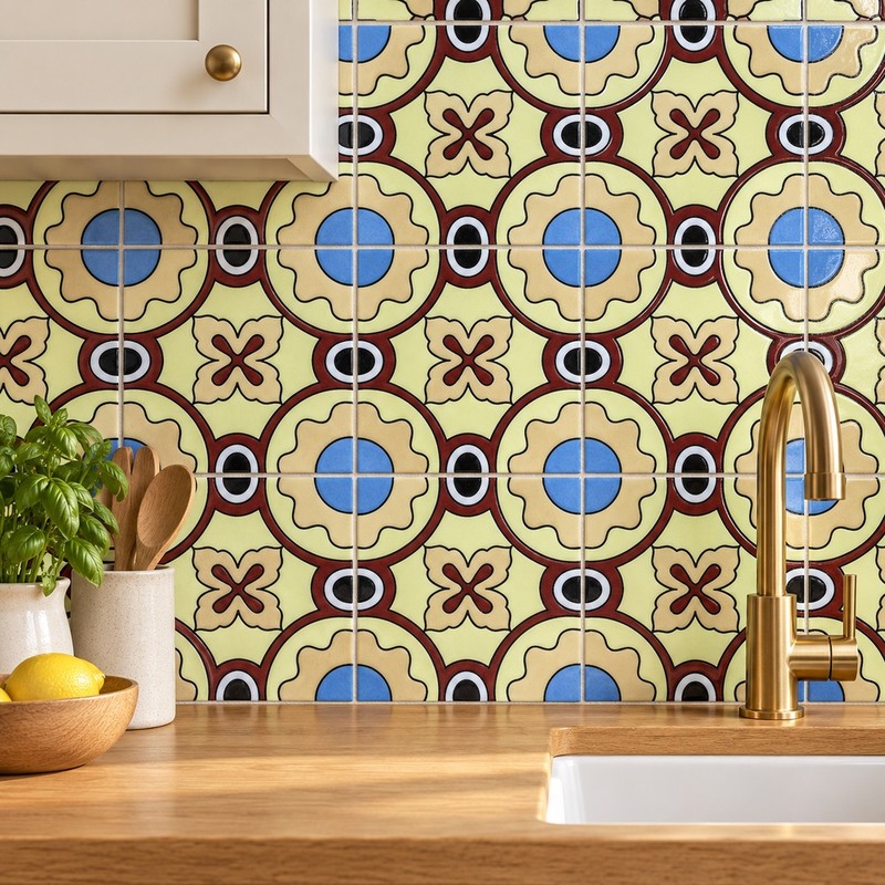 100x100mm Red Cream Curved Geometry Tiles TQ39-CN1214