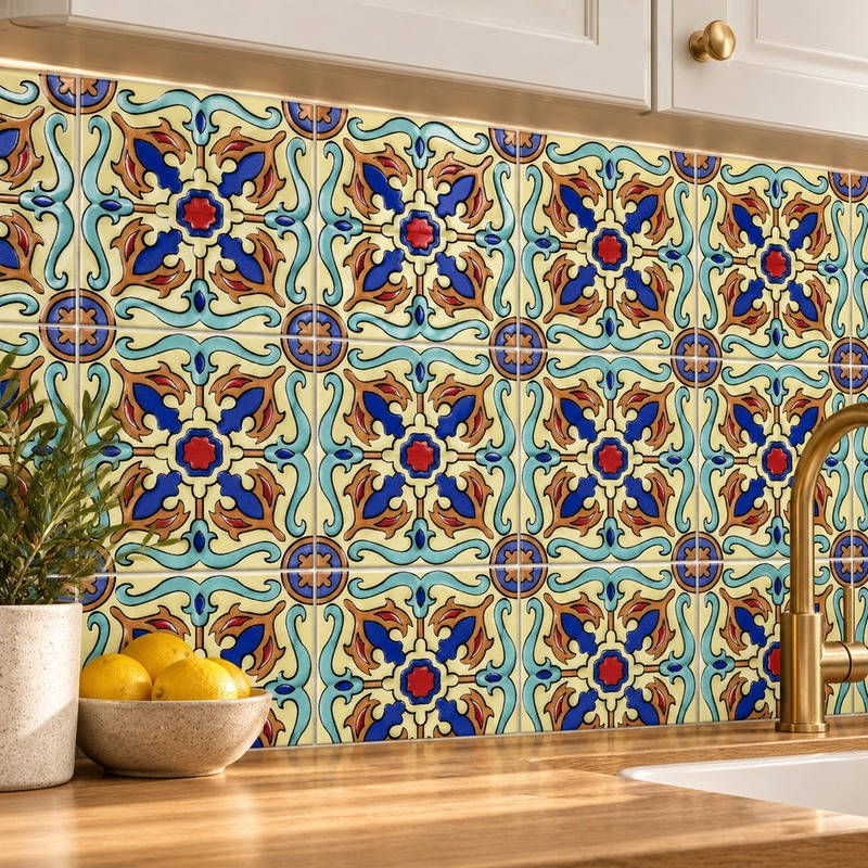 100x100mm Yellow Blue Ornamental Flower Tiles TQ39-CN1216