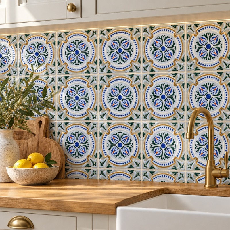 100x100mm Blue White Floral Medallion Tiles TQ39-CN1218