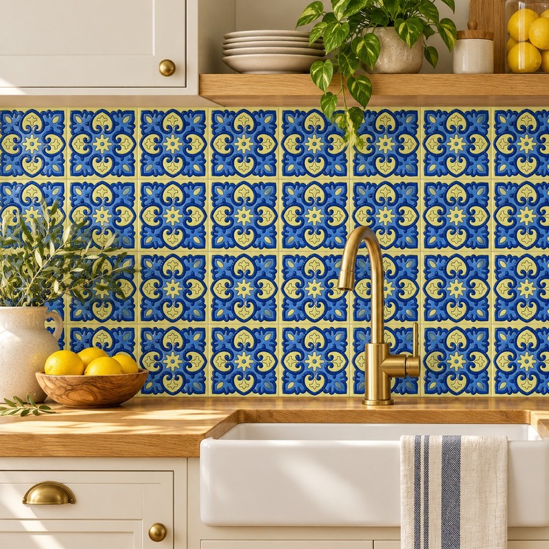 100x100mm Blue Yellow Floral Cross Tiles TQ39-CN1219