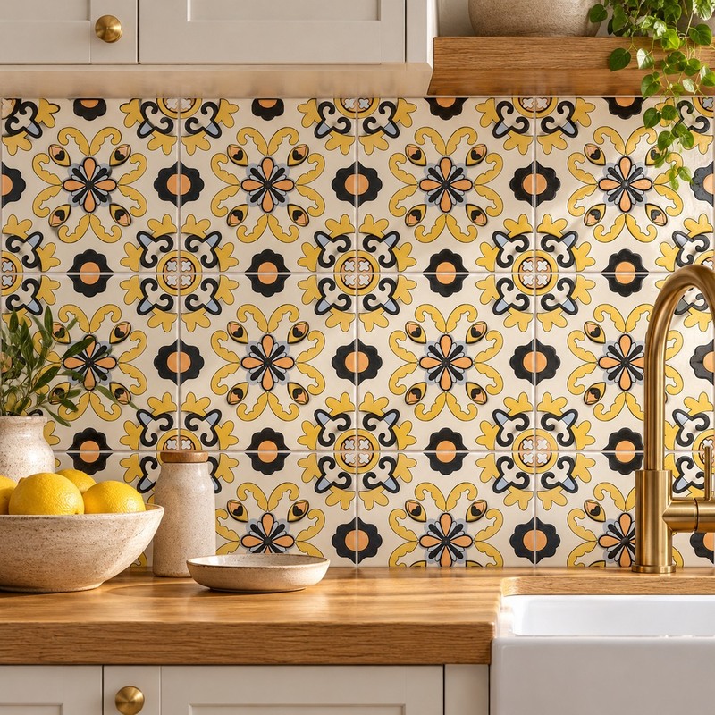 100x100mm Yellow Black Floral Tiles TQ39-MOSC9801