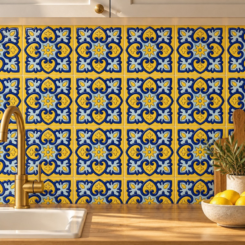 100x100mm Blue Yellow Scroll Tiles TQ39-MOSC9806
