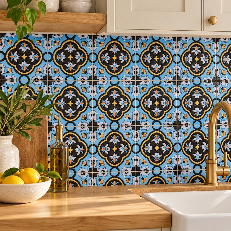 100x100mm Blue Black Ornamental Star Tiles TQ39-MOSC9809
