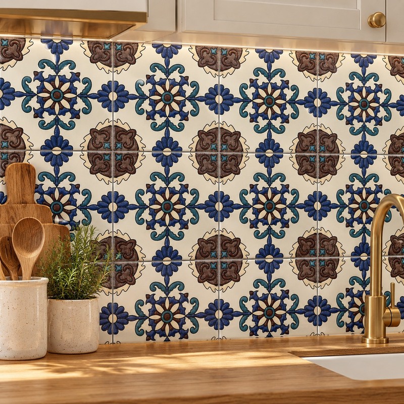 100x100mm Blue Brown Floral Tiles TQ39-MOSC9810