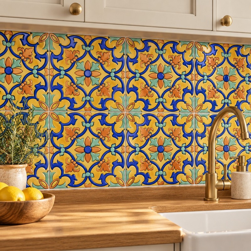 100x100mm Yellow Blue Floral Scroll Tiles TQ39-MOSC9812