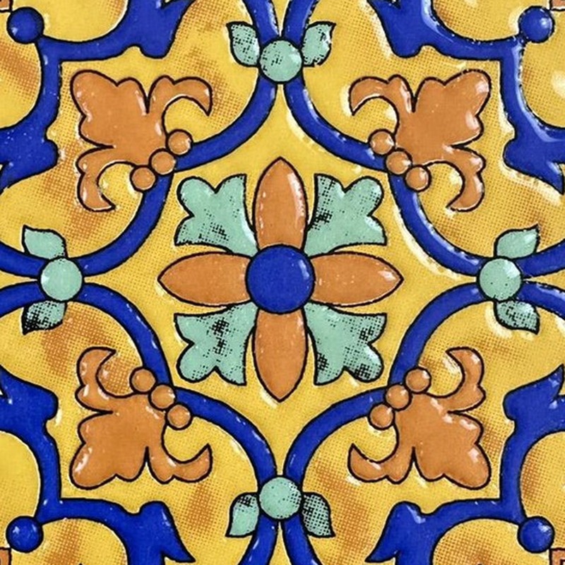 100x100mm Yellow Blue Floral Scroll Tiles TQ39-MOSC9812