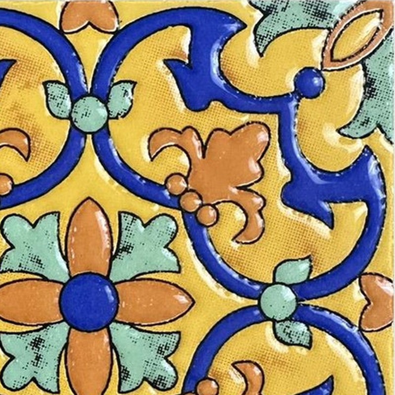 100x100mm Yellow Blue Floral Scroll Tiles TQ39-MOSC9812
