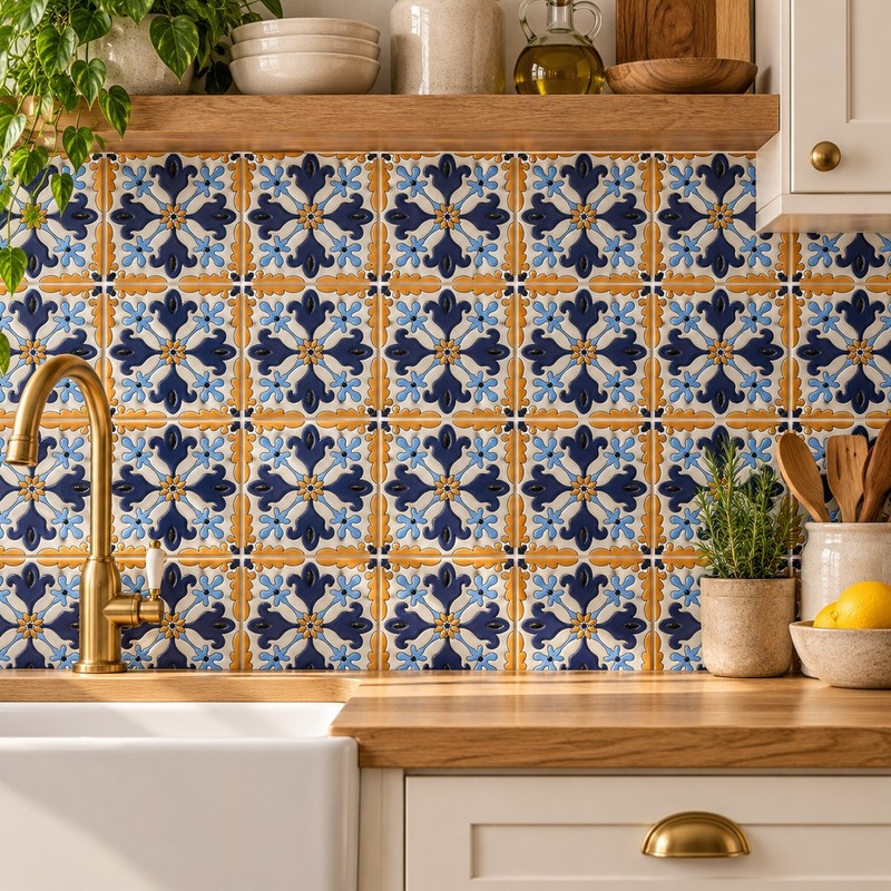 100x100mm Blue Ochre Four Petal Tiles TQ39-CN1220
