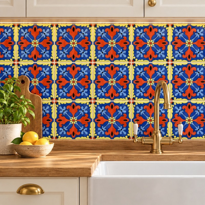 100x100mm Blue Orange Floral Tiles TQ39-CN1221