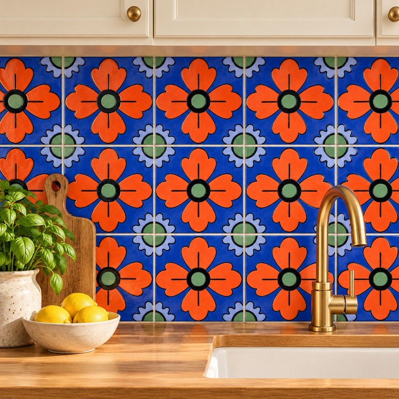 100x100mm Orange Blue Flower Tiles TQ39-CN1224