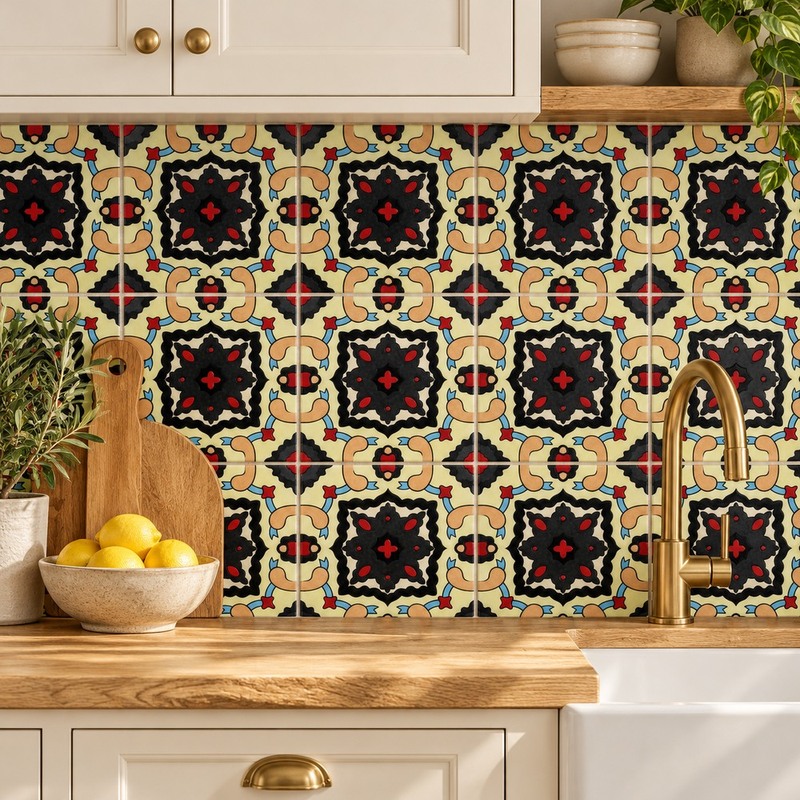 100x100mm Black Red Ornamental Star Tiles TQ39-CN1228
