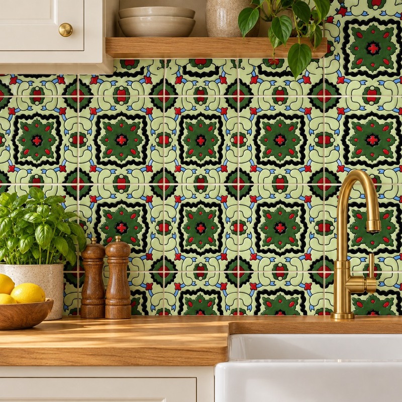 100x100mm Black Green Ornamental Star Tiles TQ39-CN1230