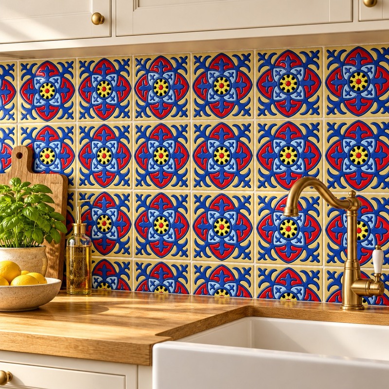 100x100mm Blue Red Floral Scroll Tiles TQ39-CN1232
